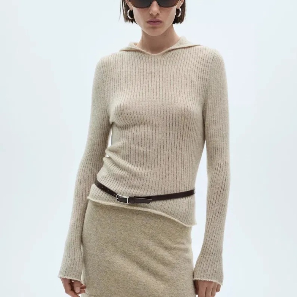 Mango Wool Blend Hooded Sweater Knitted Cowl Neck Ribbed Sz M Cottage Oatmeal